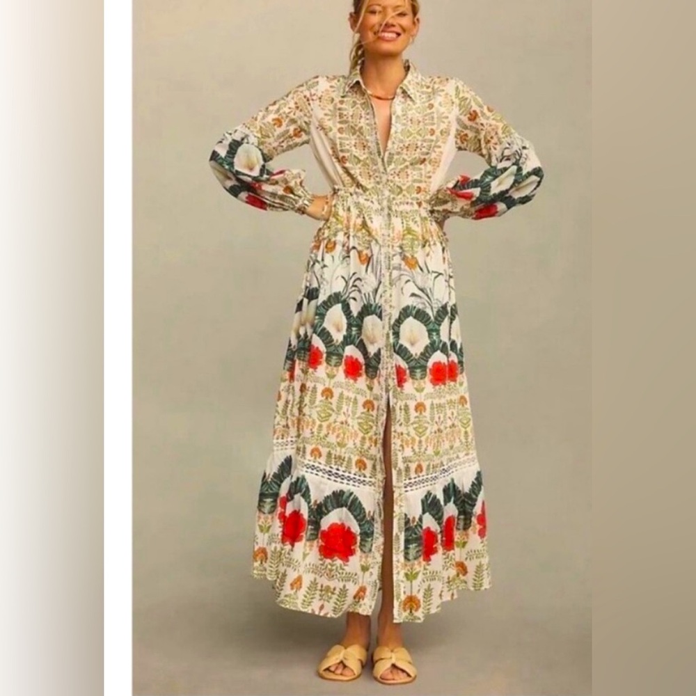 Anthropologie Mixed Print Buttondown Maxi Dress Size XS